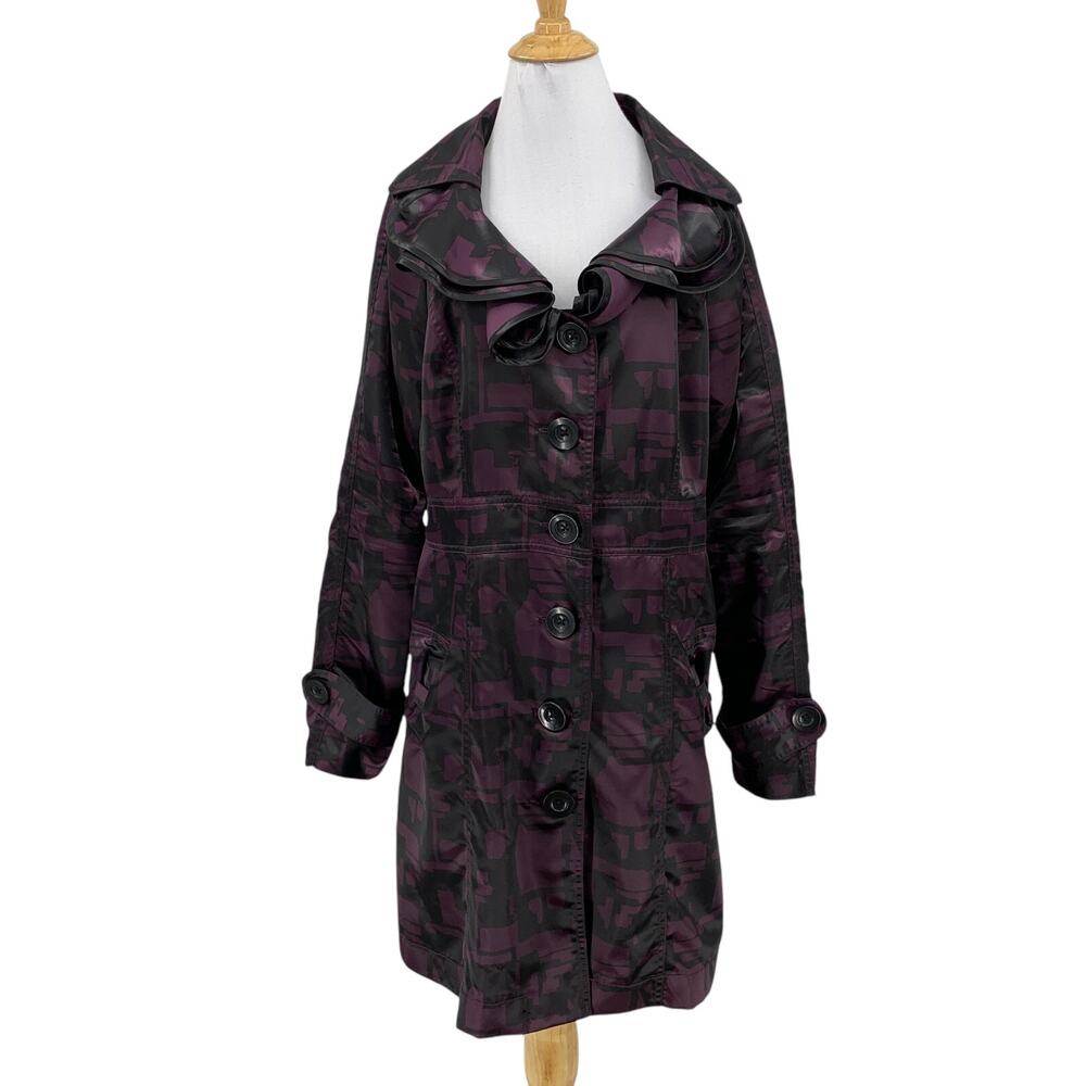 Nick And Mo Coat Women XL Extra Large Geo Trench Coat Button Front Ruffle Collar